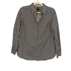 Talbots Button Down‎ Top Size 8 Black White Clover Print Long Sleeve